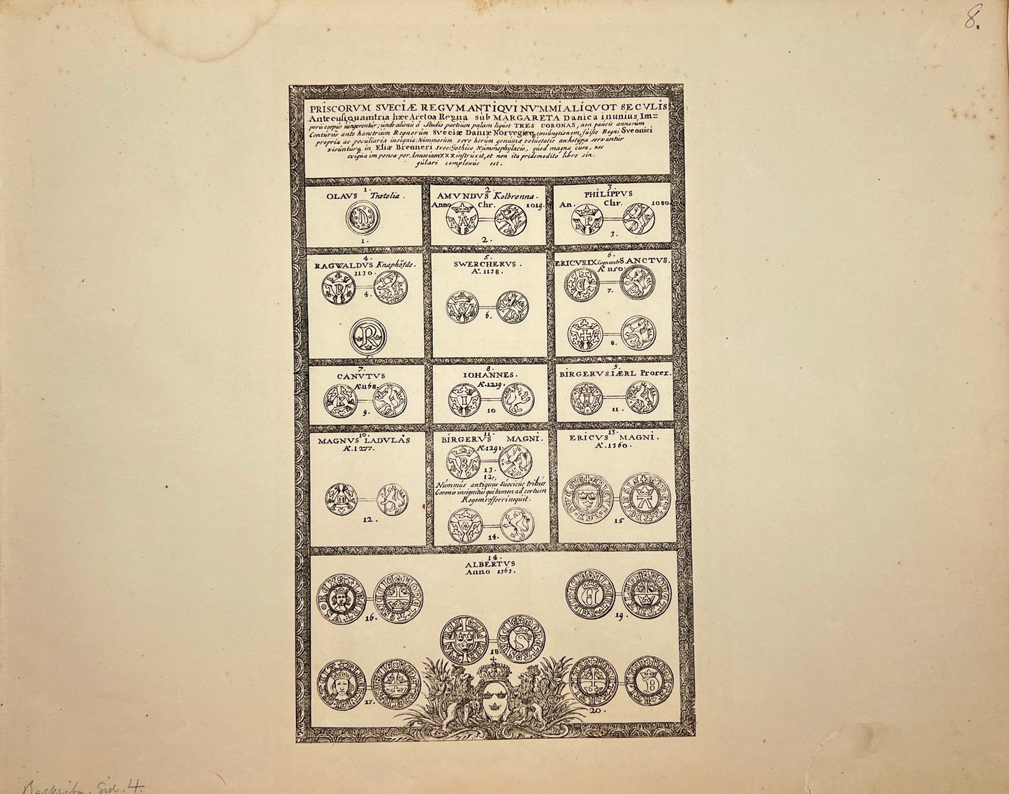 Antique Print - Erik Dahlberg - Old Coins of Former Swedish Kings - Sweden - E1