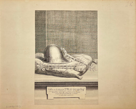 Original Antique Print - Erik Dahlberg - Olof the Saint's Helmet - Sweden - E1