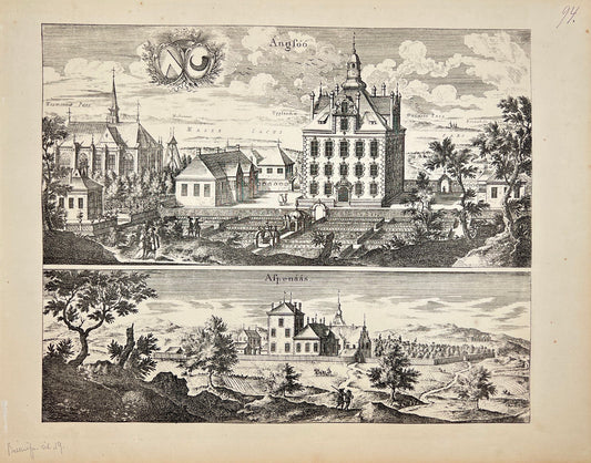 Original Antique Print - Erik Dahlberg - View of Castle Ängsö - Sweden - E1
