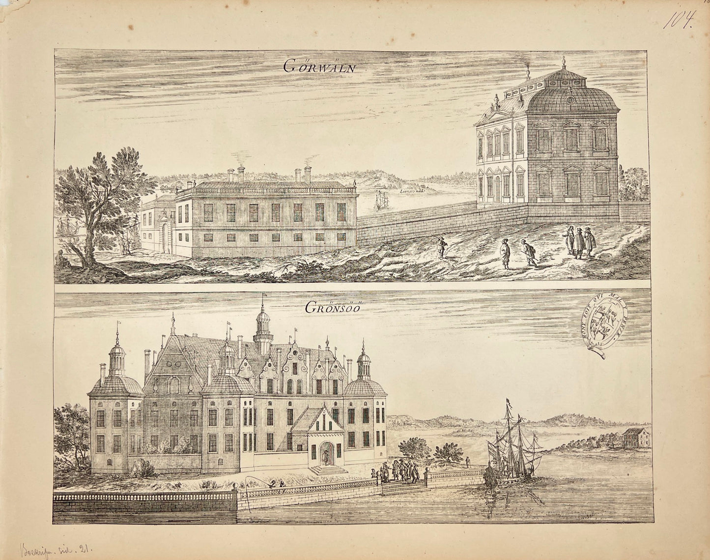 Original Antique Print - Erik Dahlberg - View of Grönsö Castle - Sweden - E1