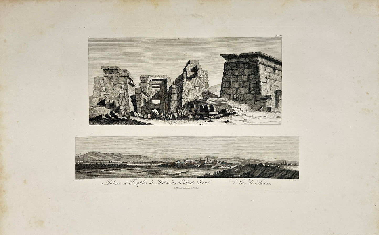 Antique Engraving - View of Palaces and temples in Medinet - Egypt - F3