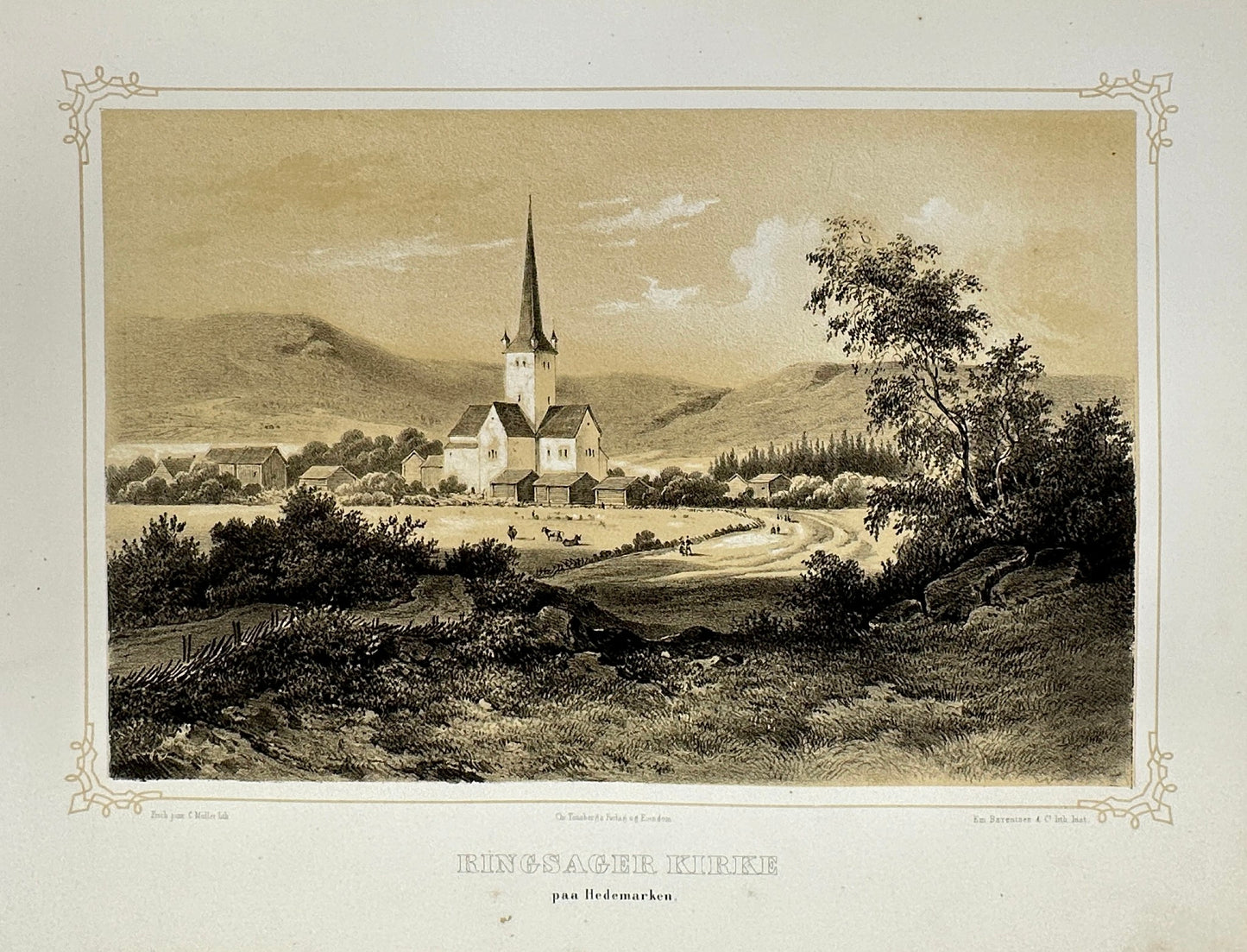 Antique Landscape Print - Tidemand - View of Ringsaker Kirke - F4