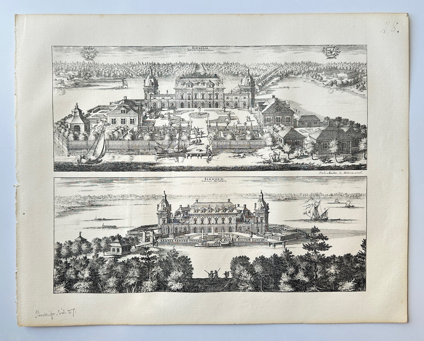 Antique Topographical - Erik Dahlberg - View of Sjoholms Herrgard in Sweden - E1