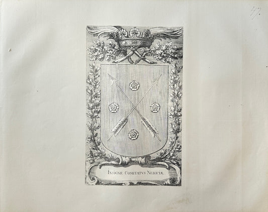 Antique Print - Dahlberg - Insignia of the County of Nericia - Heraldry - E1