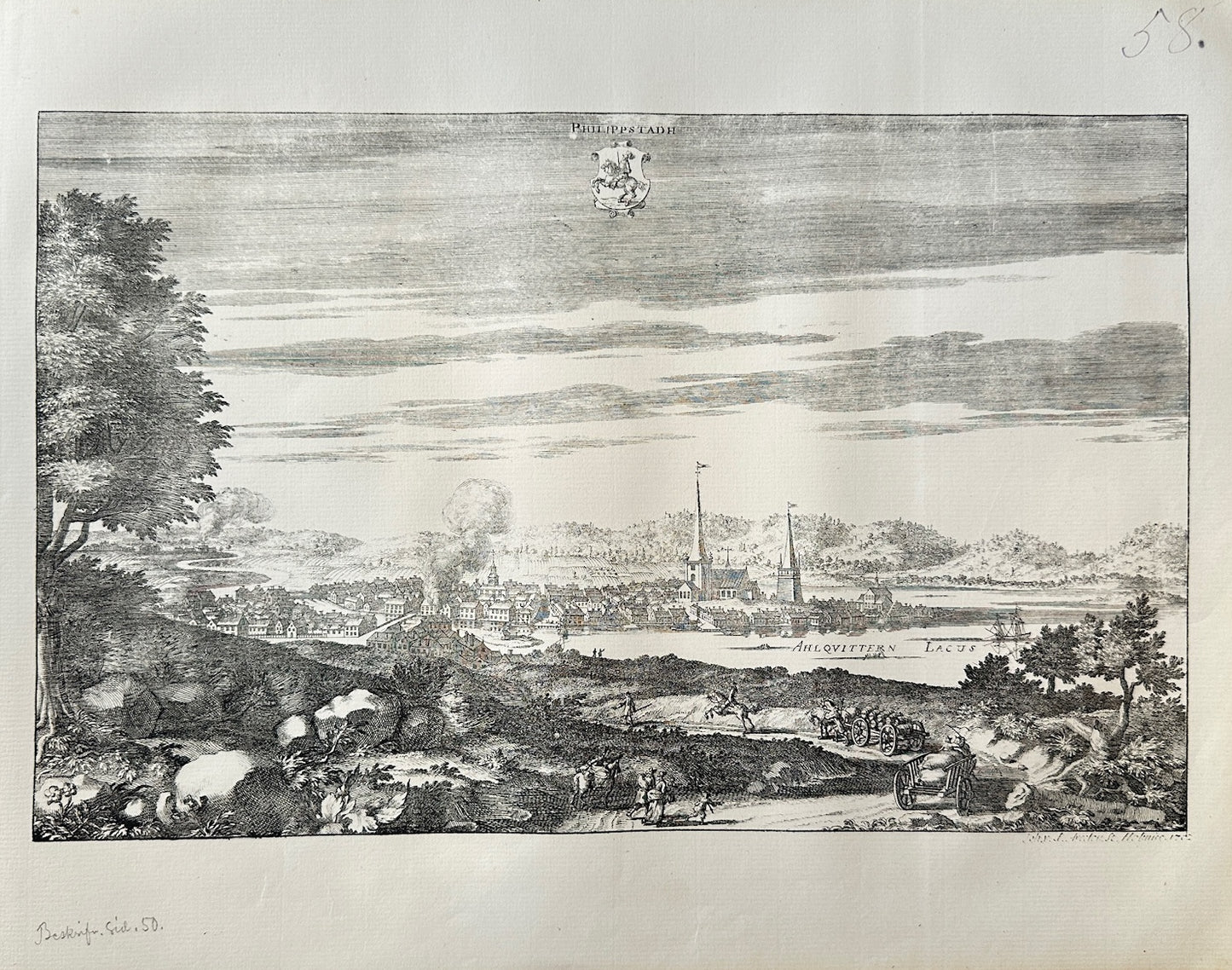 Antique Topographical - Erik Dahlberg - View of Filipstad in Sweden - E1