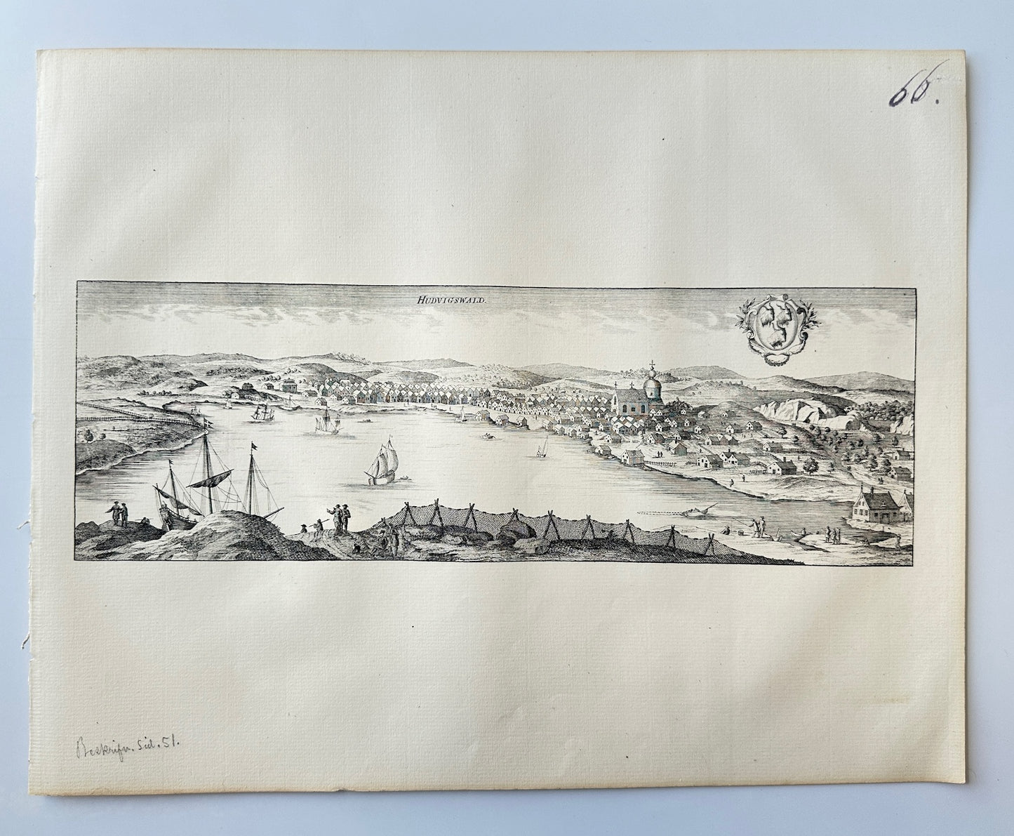 Original Antique Topographical - Erik Dahlberg - View of Hernosand - Sweden - E1